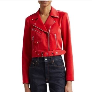 NWOT Cinq A Sept Zoe Jacket NEW Faux Leather Red Sangria Moto Biker Belted Sz XS
